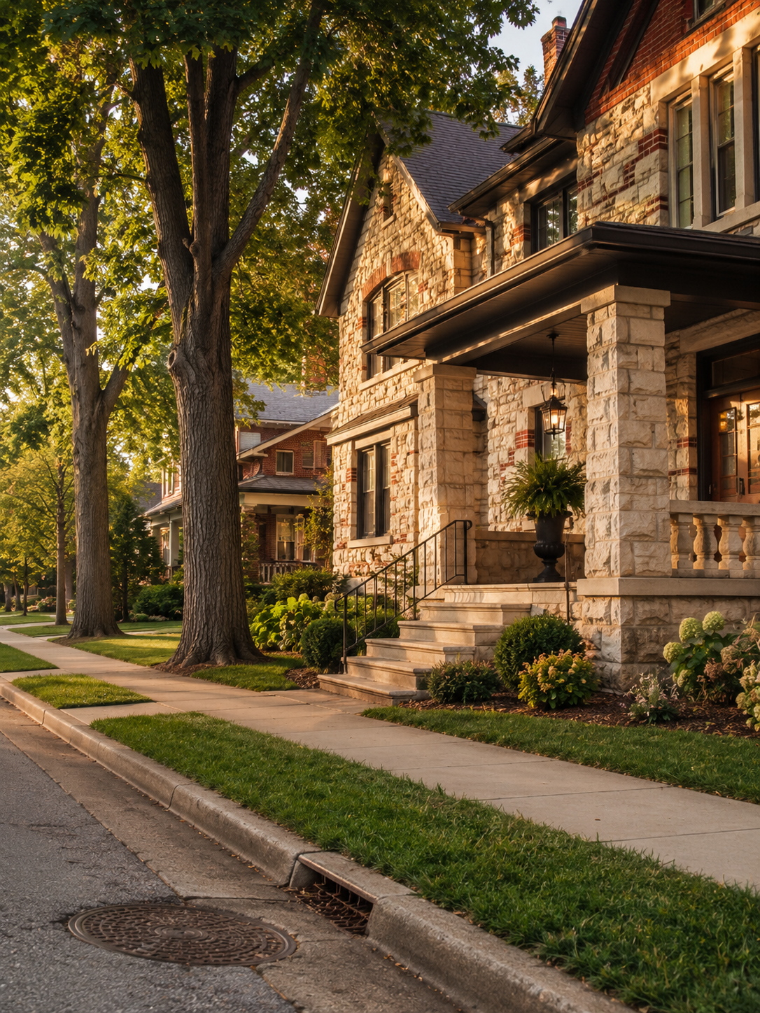 Stone homes along a tree-lined street representing the I-44 West Corridor and Greater Springfield Metro