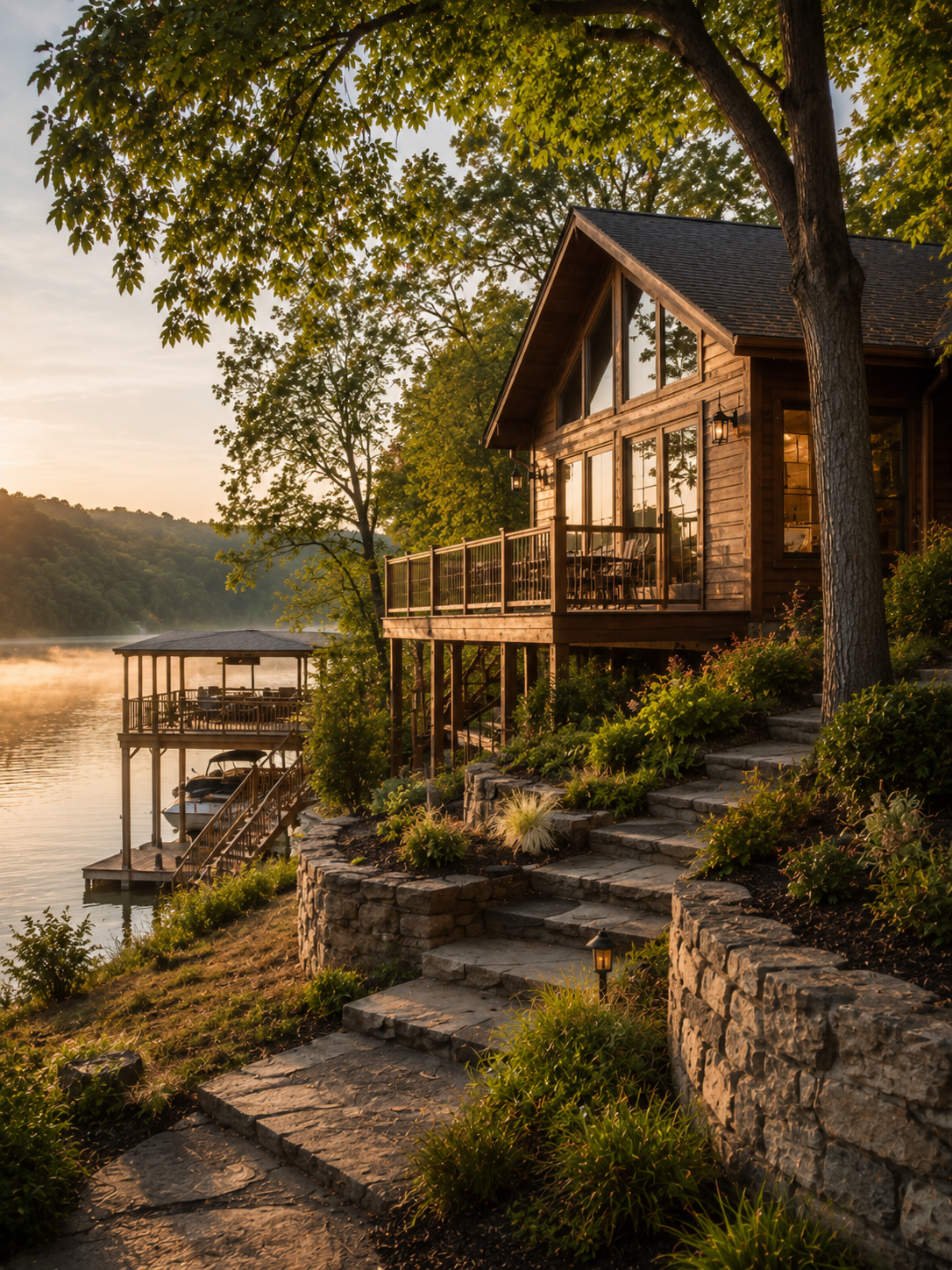 Lakefront home with stone steps and dock representing the Lake of the Ozarks region