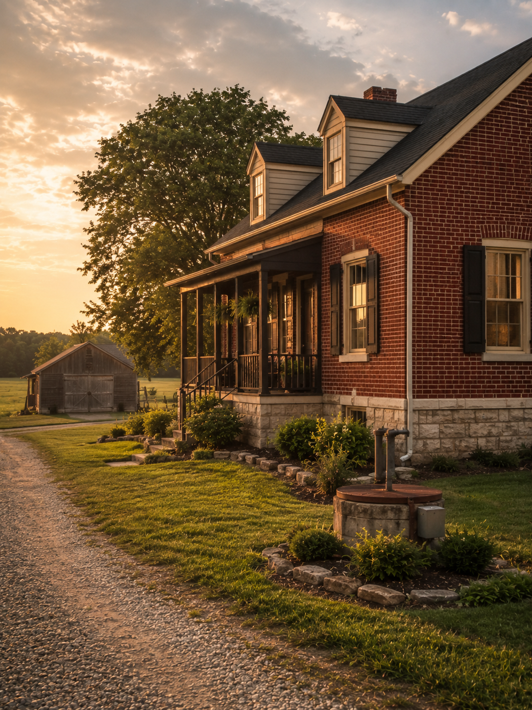 Rural brick home at sunset representing the Pomme de Terre and Central Lakes area