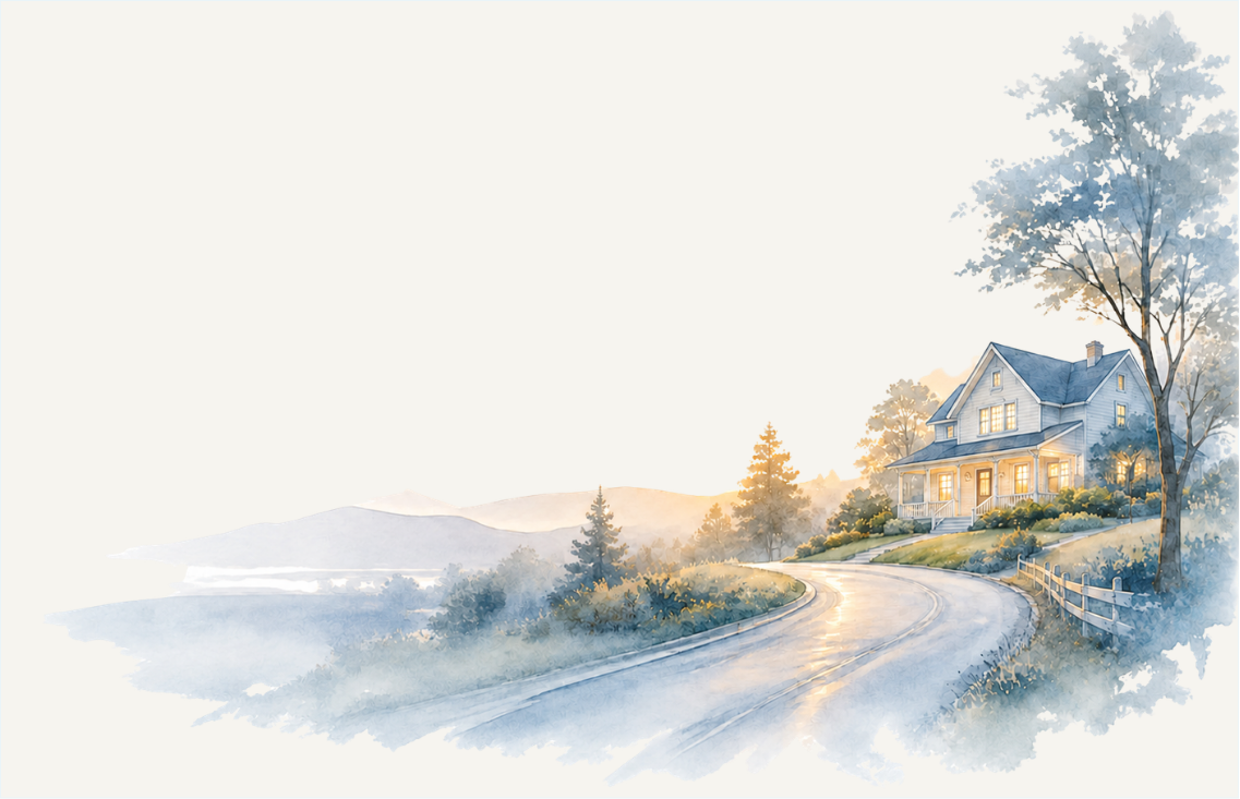 Watercolor road leading to a home in a peaceful Missouri landscape