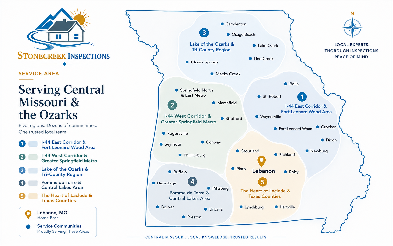 Stonecreek Inspections service area map showing five regions across Central Missouri and the Ozarks