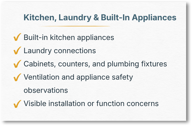 Kitchen, laundry, and built-in appliances inspection checklist card